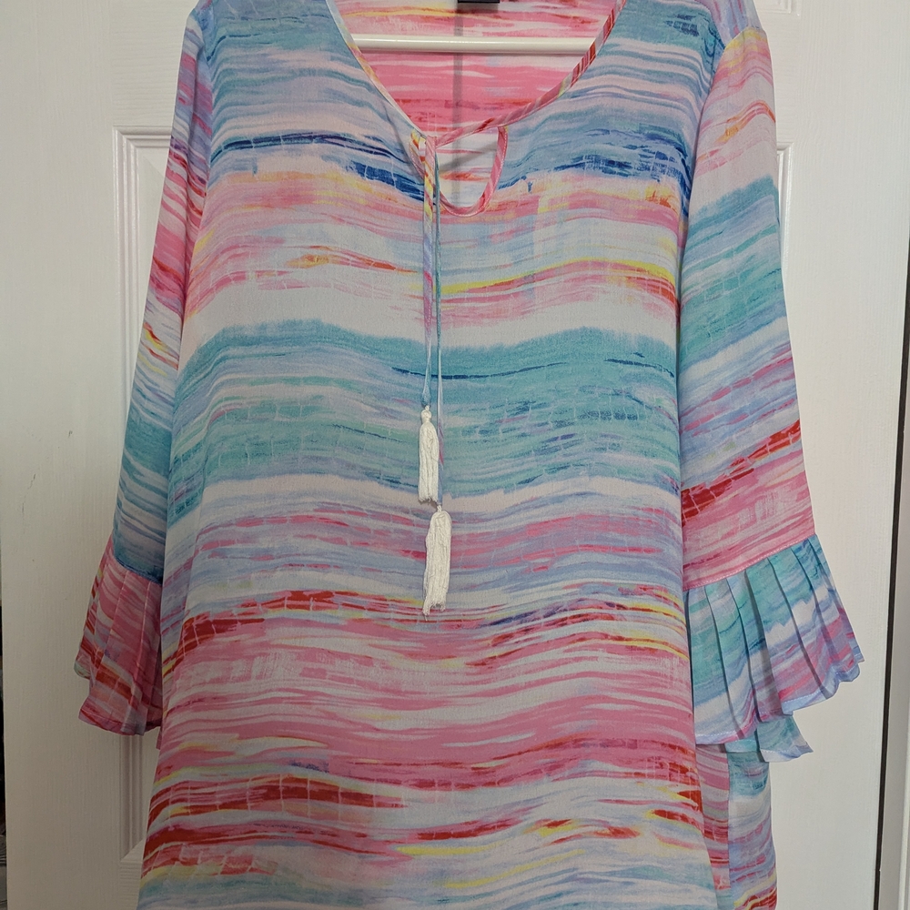 Rafaella Pastel Striped Women's Sheer Watercolor Sheer Blouse
